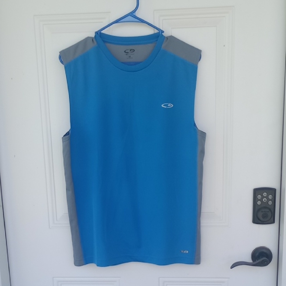 Men's Blue and Gray Sleeveless Shirt